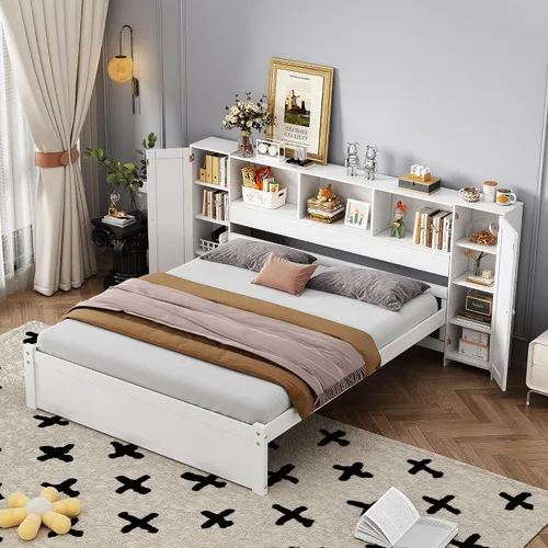 Vista 16 de Cama de plataforma de tamaño individual con cabecera de almacenamiento y taquillas, cabecera de almacenamiento multifuncional con 3 estantes Gris-t