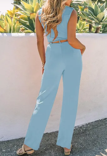 Vista 7 de Pink Queen Overol para mujer, cuello en V, sin mangas, pierna ancha, pantalones largos