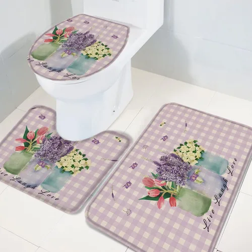Vista 4 de Juego de alfombras de baño de 3 piezas, diseño floral antideslizante, tapete de contorno y tapa de inodoro, tapetes de ducha absorbentes, juego