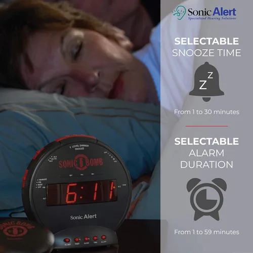 Vista 5 de Sonic Bomb - Reloj despertador doble extra fuerte con vibrador de cama, negro Sonic Alert vibrante, para personas de sueño pesado, batería