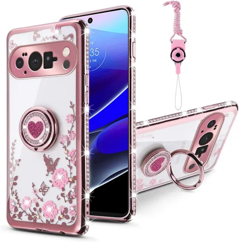 Vista 20 de Funda compatible con Google Pixel 6 Pro para mujer, con purpurina, suave, elegante, transparente, TPU de lujo, bonita funda protectora con correa