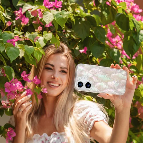 Vista 2 de Funda para iPhone 16 fabricada con concha marina genuina única, duradera, impresionante hermosa, protección contra caídas, funda estética de lujo