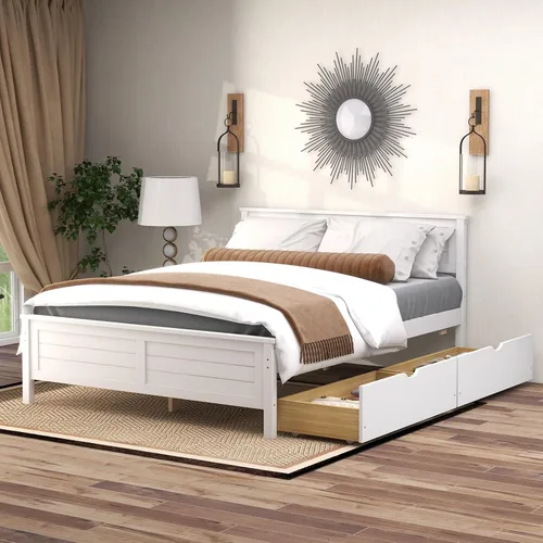 Vista 9 de GOFLAME - Base de cama tamaño individual con 2 cajones, base de plataforma con cabecera y estribo de madera maciza, listones de madera para soporte