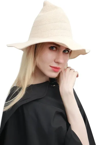 Vista 8 de DAZCOS Sombrero de bruja de punto multicolor transpirable de ala ancha plegable para mujer, disfraz de Navidad
