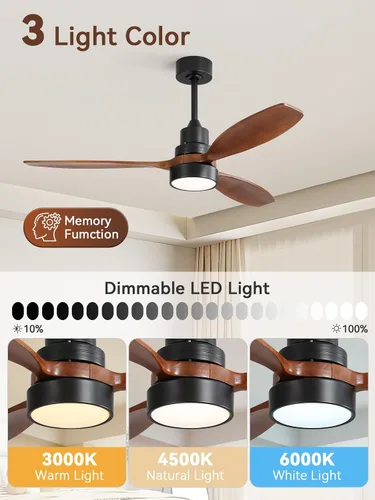 Vista 5 de Sofucor Ventilador de techo de 52 pulgadas con luces y mando a distancia, 3 Negro y marrón
