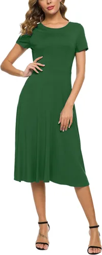 Vista 4 de EXCHIC Vestido midi de verano de manga corta con cuello redondo para mujer