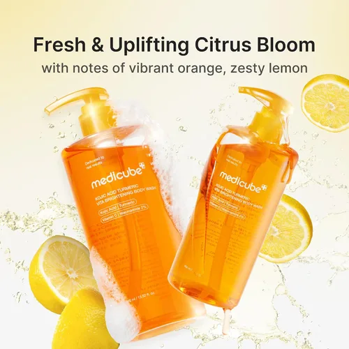 Vista 2 de medicube Jabón corporal de ácido kójico y spray brillante Duo: gel de baño iluminador de cúrcuma con ácido kójico y suero de niebla de gelatina