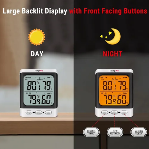 Vista 4 de Hidrómetro ThermoPro TP62 digital e inalámbrico para interior y exterior, medidor de temperatura y humedad con pantalla LCD de retroiluminación
