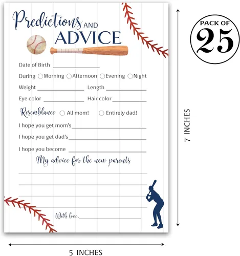 Vista 2 de BASEBALL - Tarjetas de predicción y consejos – Paquete de 25 – Deportes Azul Marino Niños Baby Shower Juegos, deseos para nuevos padres, mamá y papá