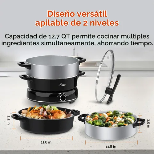 Vista 4 de Rosewill Olla Eléctrica Caliente de 12.7 QT Cocción Lenta con Múltiples Funciones, Diseño Dividido con Olla de Cocción más Ancha de 11.8 pulgadas
