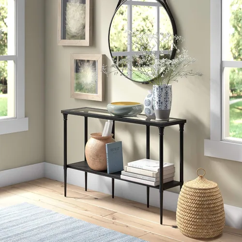 Vista 6 de Dafna - Mesa consola rectangular de 45 pulgadas de ancho en bronce ennegrecido Two-tier design with glass top adds stylish storage and display