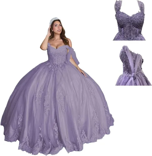 Vista 6 de Zhangyo Dulce 16 vestidos de quinceañera vestido de bola fuera del hombro vestidos de fiesta con tren hinchado tul vestidos de fiesta de encaje