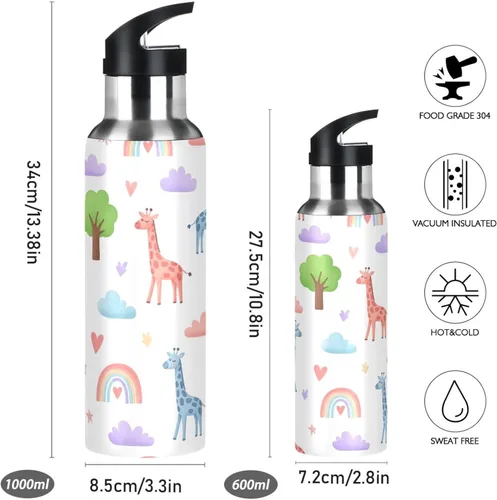 Vista 2 de BPA-Free Sports Water Bottle with Straw 32 Oz, Insulated Water Bottle for Gym Outdoor Travel School, Cute Giraffes