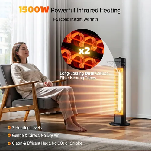 Vista 2 de Calentador eléctrico para patio al aire libre, calentador de torre infrarrojo de 34 pulgadas de 1500 W con calentamiento instantáneo, protección
