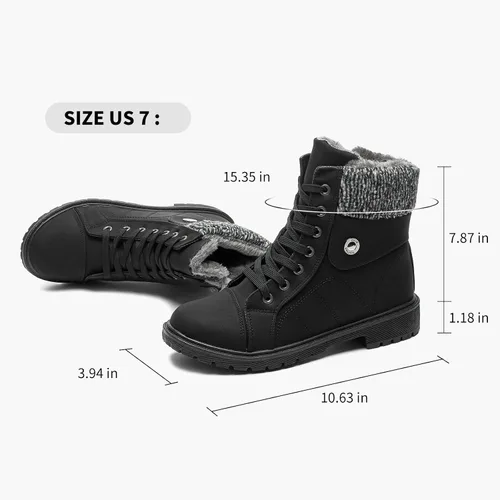 Vista 5 de Botas de combate de piel sintética para mujer, con forro de piel cálida, botines negros con cremallera lateral, botas de invierno antideslizantes