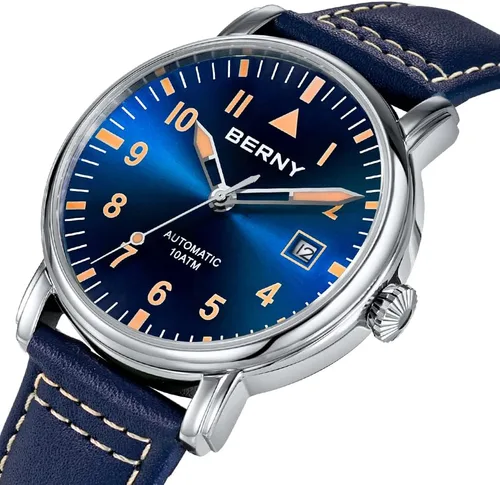 Vista 2 de BERNY Reloj mecánico automático para hombre, correa de cuero de cuerda automática, reloj de pulsera clásico Pilot impermeable, 10ATM, cristal