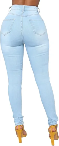Vista 54 de KUNMI - Pantalones de mezclilla clásicos de cintura alta para mujer, elásticos, con efecto de levantamiento de glúteos, ajustados