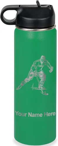 Vista 37 de LaserGram Botella de agua personalizada, jugador de hockey, acero inoxidable de doble pared aislada al vacío con popote superior, regalo grabado