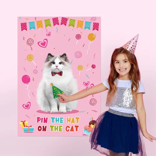 Vista 3 de Juego de fiesta de Hooqict Pin The Hat On The Cat para gatos, juegos de fiesta de cumpleaños de gato para niños, suministros de fiesta de cumpleaños