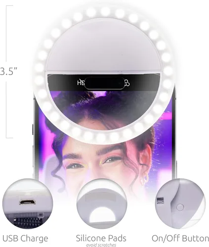 Vista 2 de Windy City Novelties Anillo de luz LED recargable para selfies, luz de teléfono de 3.5 pulgadas con clip para iPhone, Android y computadoras