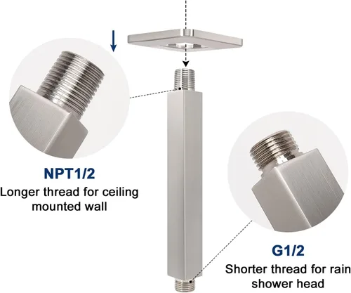 Vista 3 de NearMoon - Brazo de ducha montado en techo con brida, conexión universal 1/2 NPT, brazo de ducha recto cuadrado para cabezal de ducha de lluvia