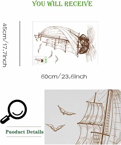 Vista 5 de Calcomanías de pared con diseño de gaviota, diseño de un velero, sacinora Travel Adventure, inspirador Wanderlust Velero, calcomanías de pared