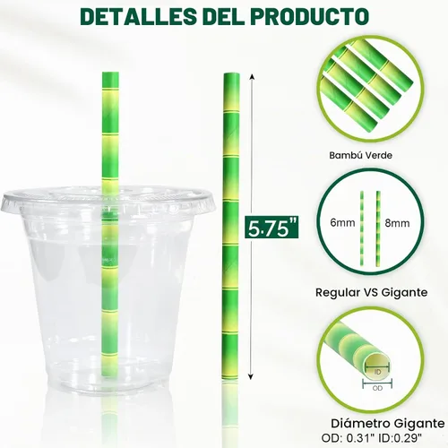 Vista 2 de 14,6 cm x 0,79 cm Pajitas de papel desechables de bambú verde para bebidas cortas, cócteles mezclados, margaritas, licuados y batidos - Sin embalar
