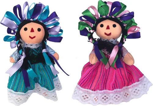 Vista 3 de ALKIMIA INC Paquete de 2 muñecas de trapo tradicionales mexicanas hechas a mano, 7 pulgadas, rosa y azul