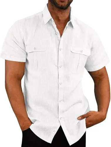 Vista 10 de Men's Cuban Guayabera Linen Shirts Solid Color Casual Short Sleeve Button Down Shirt Summer Beach Tops with Pockets