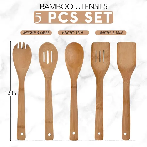 Vista 5 de Alpine Cuisine Juego de utensilios de bambú de 5 piezas, cucharas de madera, artículos esenciales de apartamento, espátula de madera de alta