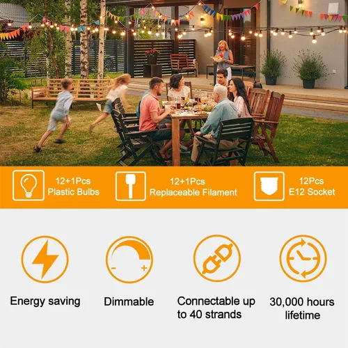 Vista 7 de ZOTOYI Luces de Cadena para Exteriores de 25 Pies, Luces de Patio Impermeables IP65 con 13 Bombillas LED ST38 Irrompibles, Luz Colgante Exterior