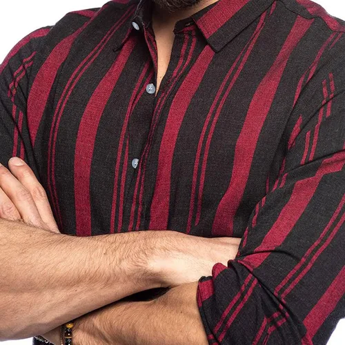 Vista 2 de Camisas con botones para hombre, estilo retro, a rayas, con bloques de color, estilo guayabera, estilo cubano, elástica, delgada, de manga larga