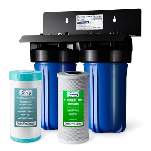 Vista 2 de iSpring WGB21BM Sistema de filtración de agua de 2 etapas para toda la casa, filtros reductores de manganeso de 10 x 4.5 pulgadas, puertos de 1