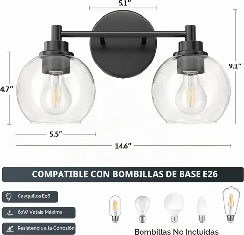 Vista 5 de VONLUCE Accesorios de iluminación de baño, luz de tocador de baño de 2 luces con pantallas de vidrio globo E26, luces de tocador para dormitorio