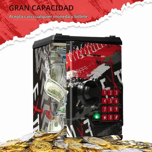 Vista 4 de Alcancía de cajero automático para niños y niñas, Vcertcpl - Mini alcancía de monedas con contraseña, caja de ahorro con agarre automático