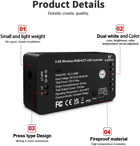Vista 2 de GLEDOPTO Zigbee Pro RGBCCT Controlador de tira LED RGB CCT RGBW RGBWW 5 en 1 Compatible con SmartThings Amazon Echo Plus App/Control de voz