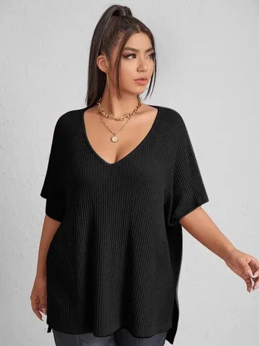 Vista 4 de SOLY HUX Camiseta de manga corta con cuello en V para mujer, talla grande, dobladillo dividido, punto gofre, de gran tamaño, casual, holgada