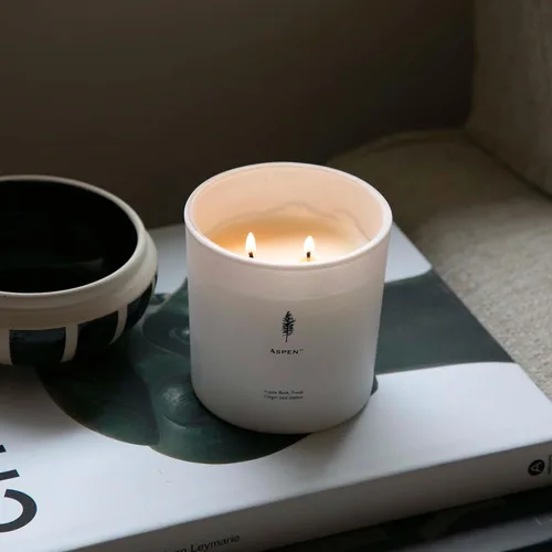 Vista 4 de Archipelago Botanicals Aspen Luxe - Vela Aspen Bark, aroma a ámbar y almizcle, elegante vela en tarro de vidrio blanco, cera de coco, mechas dobles