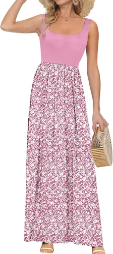 Vista 18 de AUSELILY Vestido largo con cuello cuadrado para mujer, sin mangas, floral, holgado, con bolsillos