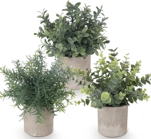 Vista 10 de Lemonfilter Pequeñas plantas falsas, paquete de 5 plantas artificiales de eucalipto en maceta para interiores, plantas falsas de plástico
