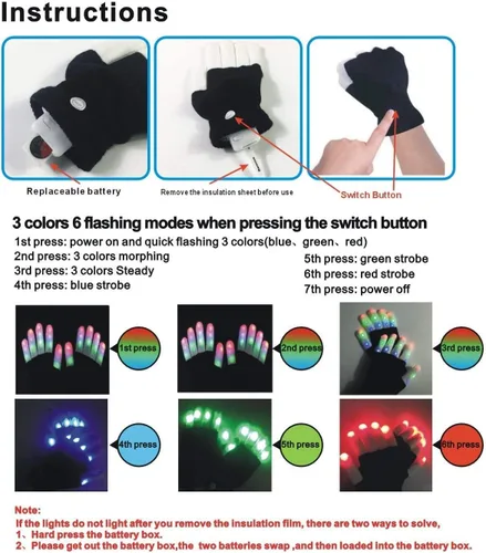 Vista 5 de WEICHUANGXIN - Guantes LED, luces en los dedos, 6 modos intermitentes, LED cálidos guantes, M