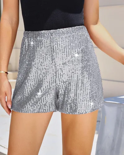Vista 2 de luvamia Pantalones cortos de lentejuelas para mujer, de cintura alta, elásticos, con purpurina y brillantes, trajes cortos para fiestas