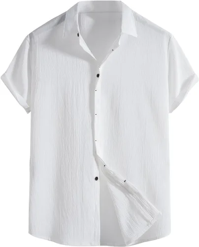 Vista 10 de Camisas de manga corta con botones de algodón y lino para hombre, estilo cubano, campamento, guayabera, playeras ligeras para verano