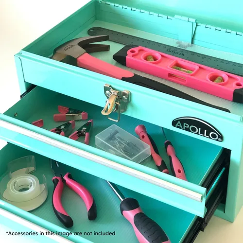Vista 4 de Apollo Tools DT5010-GR - Caja de herramientas de acero de 14 pulgadas con compartimento superior profundo y 2 cajones de acero resistente