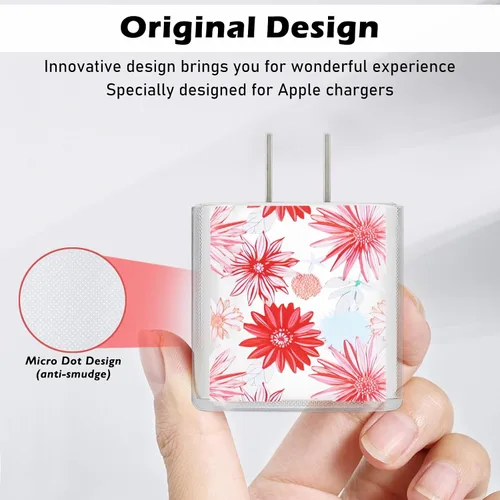 Vista 6 de Lindo protector de cable para cargador adaptador de iPhone, diseño de flores de crisantemo rojo, cable de datos de TPU suave, funda USB-C