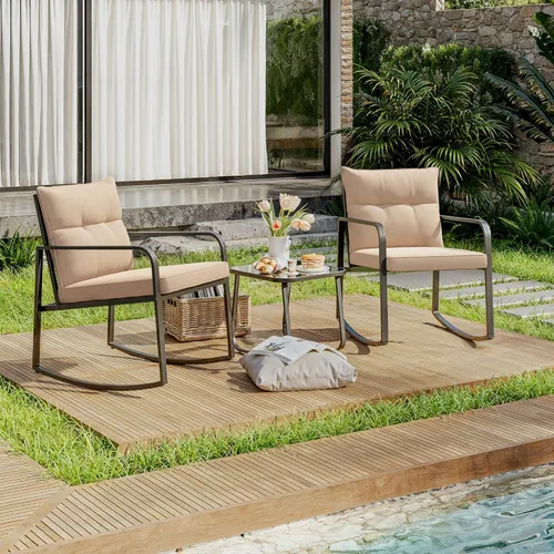 Vista 2 de Gizoon, Juego de 3 piezas de sillas mecedoras estilo bistró, muebles de patio de acero negro, juego de sillas para el porche con mesa de café