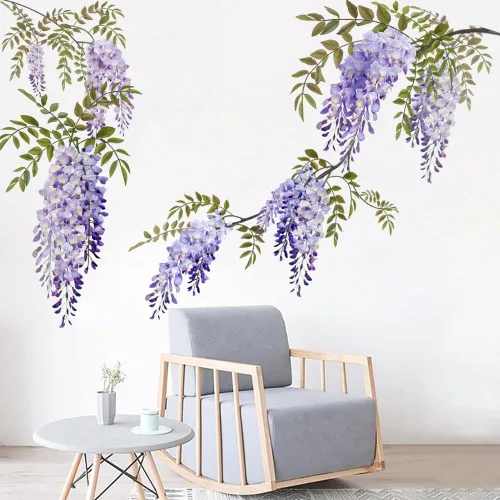 Vista 2 de Runtoo Pegatinas colgantes de flores moradas para pared, calcomanías de glicina floral para sala de estar, dormitorio, decoración de pared de bebé