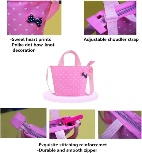 Vista 6 de VIDOSCLA - Juego de 3 piezas con mochila escolar básica para el hombro, lonchera y lapicera, con estampado de corazón y moños, para chicas