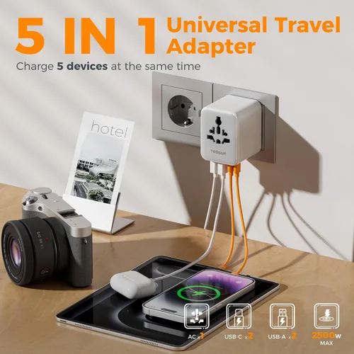 Vista 3 de TESSAN Adaptador de viaje universal, adaptador de corriente internacional Gris-20W