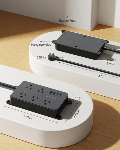 Vista 8 de TROND Regleta protectora contra sobretensiones, cable de extensión de 3 pies de enchufe plano, 5 tomas de corriente ampliamente espaciadas con 2 USB
